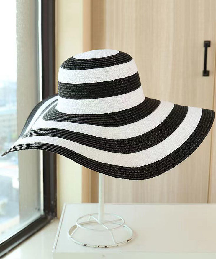 Elegant Black White Striped Straw Woven Holiday Floppy Sun Hat