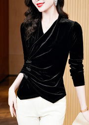 Elegant Black Wrinkled Button Silk Velour Tops Long Sleeve