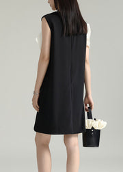 Elegant Black Wrinkled Patchwork Cotton Mid Dress Sleeveless