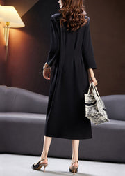 Elegant Black Wrinkled Tunic Maxi Dresses Long Sleeve