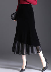 Elegant Black Zippered Elastic Waist Velvet Fishtail Skirts Spring