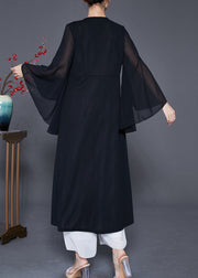 Elegant Black Zircon Patchwork Chiffon Fake Two Piece Dress Cloak Sleeves