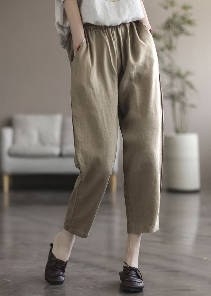 Elegant Black tPatchwork Elastic Waist Solid Linen Crop Pants