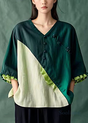 Elegant Blackish Green Button Patchwork Linen Top Butterfly Sleeve