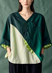 Elegant Blackish Green Button Patchwork Linen Top Butterfly Sleeve