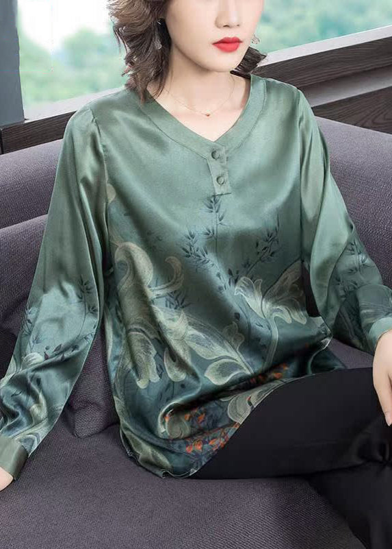 Elegant Blackish Green O Neck Print Patchwork Silk Top Fall