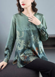 Elegant Blackish Green O Neck Print Patchwork Silk Top Fall