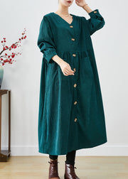 Elegant Blackish Green Oversized Pockets Corduroy Trench Fall