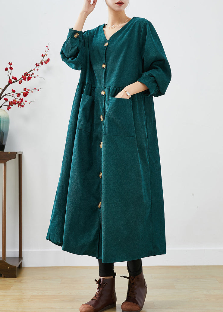 Elegant Blackish Green Oversized Pockets Corduroy Trench Fall