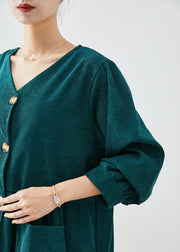 Elegant Blackish Green Oversized Pockets Corduroy Trench Fall