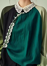 Elegant Blackish Green Peter Pan Collar Hollow Out Linen Blouse Long Sleeve