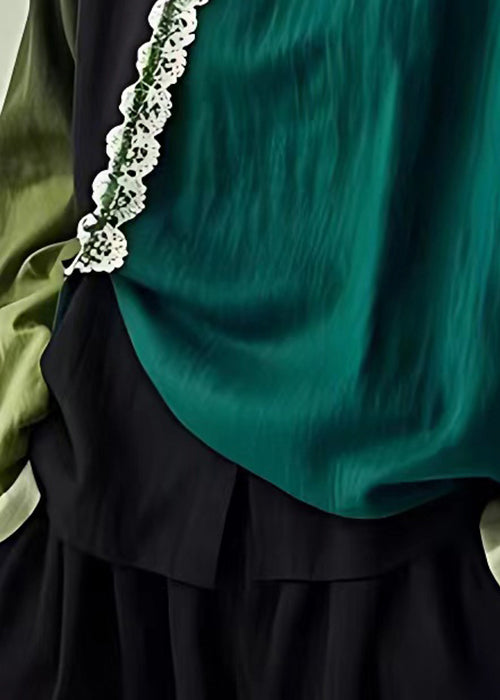 Elegant Blackish Green Peter Pan Collar Hollow Out Linen Blouse Long Sleeve