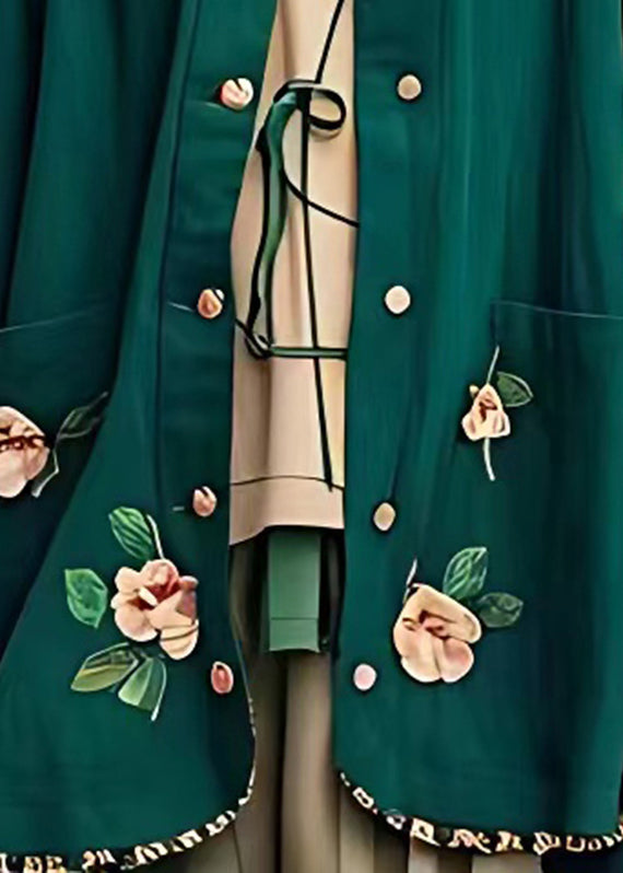 Elegant Blackish Green Ruffled Floral Button Coats Fall