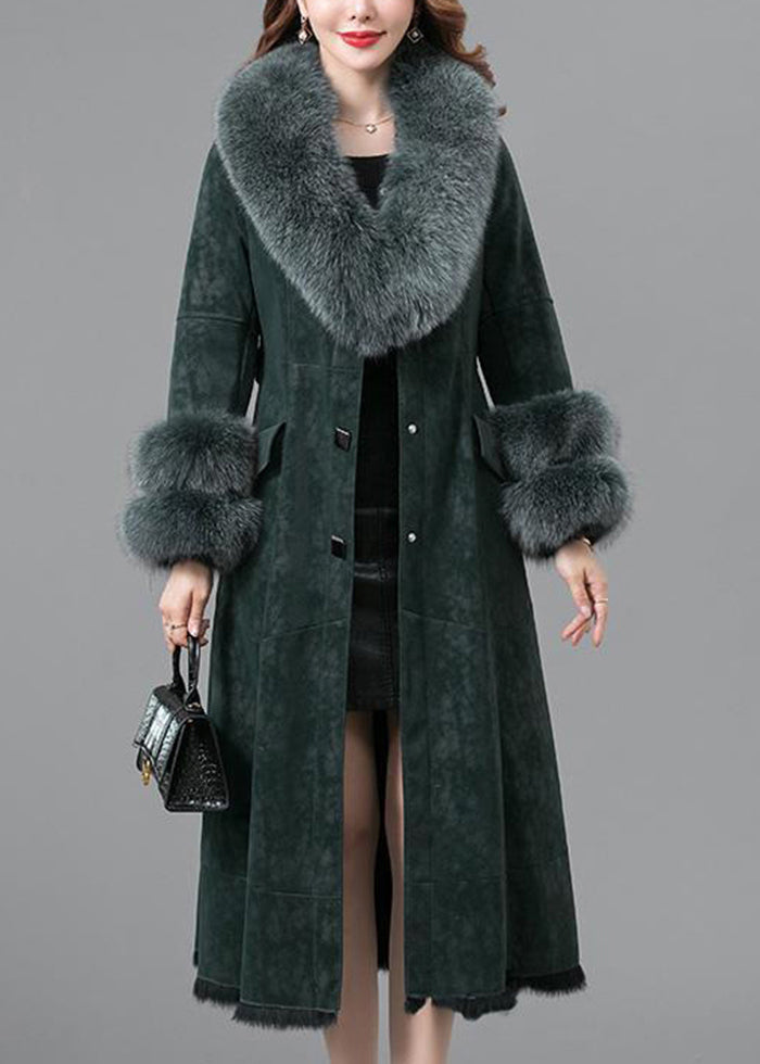 Elegant Blackish Green Slim Fit Faux Rabbit Leather And Fur Coats Winter