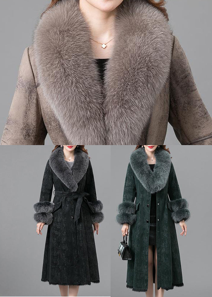 Elegant Blackish Green Slim Fit Faux Rabbit Leather And Fur Coats Winter