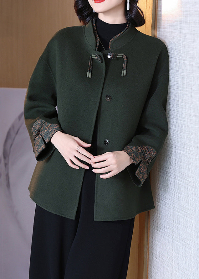 Elegant Blackish Green Solid Button Wool Coat Long Sleeve