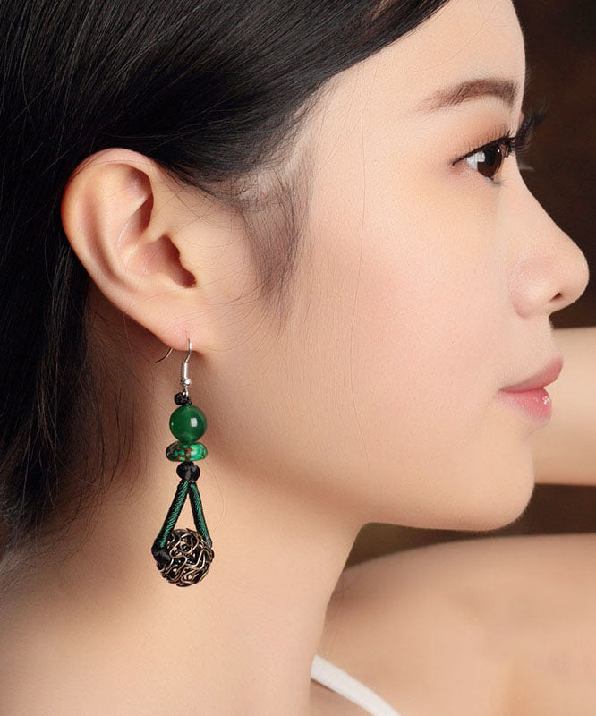 Elegant Blackish Green Sterling Silver Alloy Green Agate Emperor Stone Drop Earrings