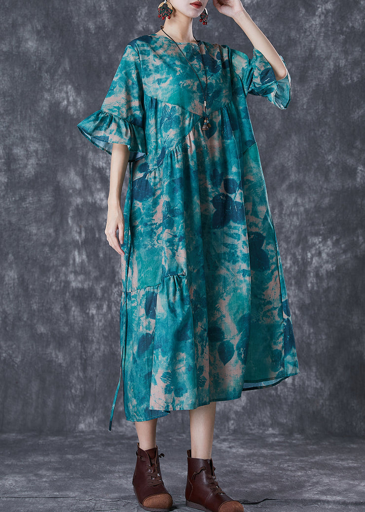 Elegant Blackish Green Tie Dye Wrinkled Cotton Dress Summer