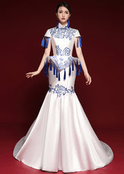 Elegant Blue And White Porcelain Tassel Embroidered Long Dress Short Sleeves