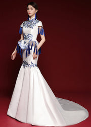 Elegant Blue And White Porcelain Tassel Embroidered Long Dress Short Sleeves