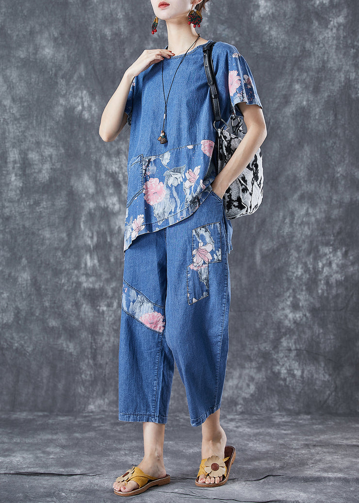 Elegant Blue Asymmetrical Patchwork Print Denim Two-Piece Set Spring