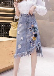 Elegant Blue Asymmetrical Patchwork Tassel Hole Denim Skirts Summer