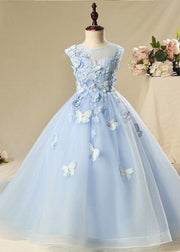 Elegant Blue Butterfly Floral Tulle Kids Long Dress Sleeveless