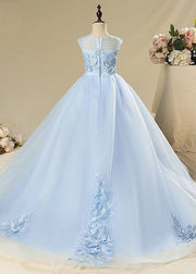 Elegant Blue Butterfly Floral Tulle Kids Long Dress Sleeveless