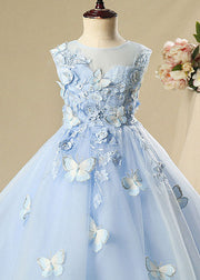 Elegant Blue Butterfly Floral Tulle Kids Long Dress Sleeveless