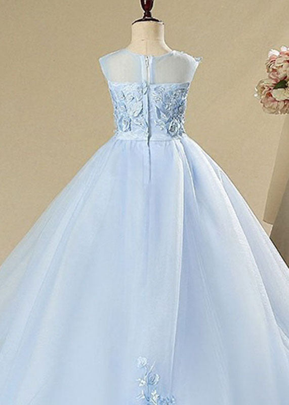 Elegant Blue Butterfly Floral Tulle Kids Long Dress Sleeveless