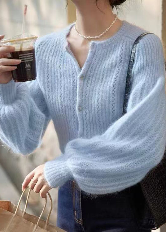 Elegant Blue Button Hollow Out Ma Hai Mao Sweaters Lantern Sleeve