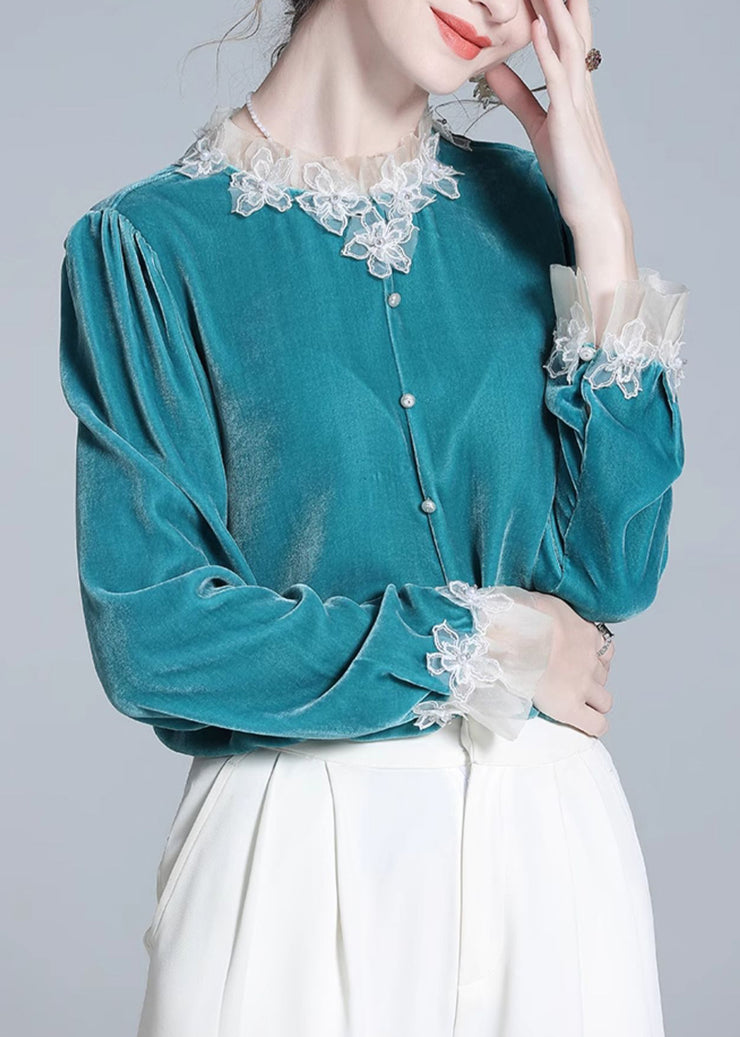 Elegant Blue Button Patchwork Silk Velour Top Winter