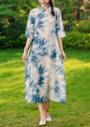 Elegant Blue Button Print Lace Up Linen Long Dresses Summer