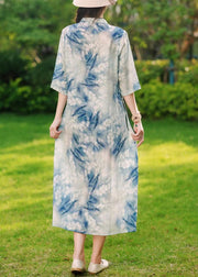 Elegant Blue Button Print Lace Up Linen Long Dresses Summer