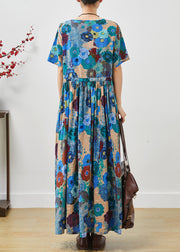 Elegant Blue Cinched Exra Large Hem Cotton Dress Summer