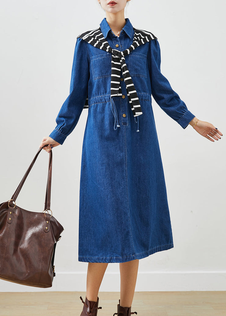 Elegant Blue Cinched Give Shawl Denim Long Dress Fall