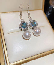 Elegant Blue Copper Overgild Inlaid Zircon Crystal Pearl Tassel Drop Earrings