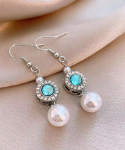 Elegant Blue Copper Overgild Inlaid Zircon Crystal Pearl Tassel Drop Earrings