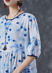 Elegant Blue Dot Oversized Patchwork Linen Maxi Dresses Summer