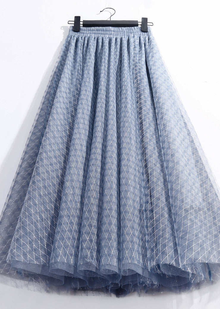 Elegant Blue Elastic Waist Plaid Tulle A Line Skirts Spring