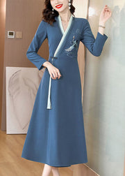 Elegant Blue Embroidered Button Long Dress Long Sleeve