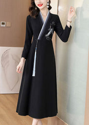 Elegant Blue Embroidered Button Long Dress Long Sleeve