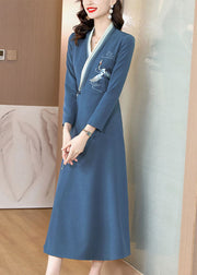 Elegant Blue Embroidered Button Long Dress Long Sleeve