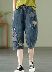 Elegant Blue Embroideried Print Elastic Waist Denim Crop Pants Summer