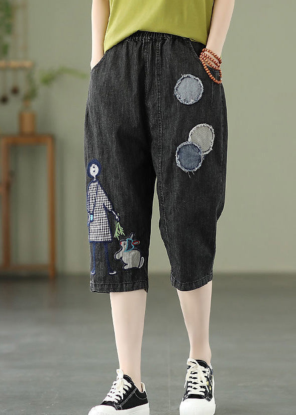 Elegant Blue Embroideried Print Elastic Waist Denim Crop Pants Summer