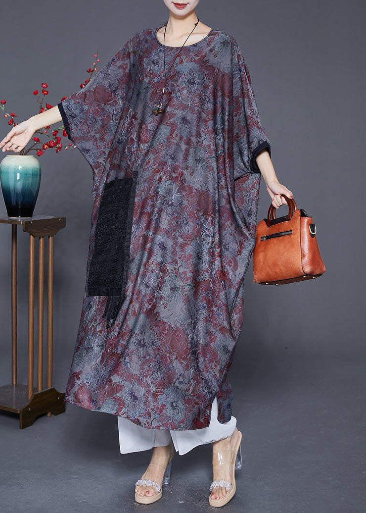 Elegant Blue Grey Oversized Patchwork Tassel Silk Dresses Batwing Sleeve