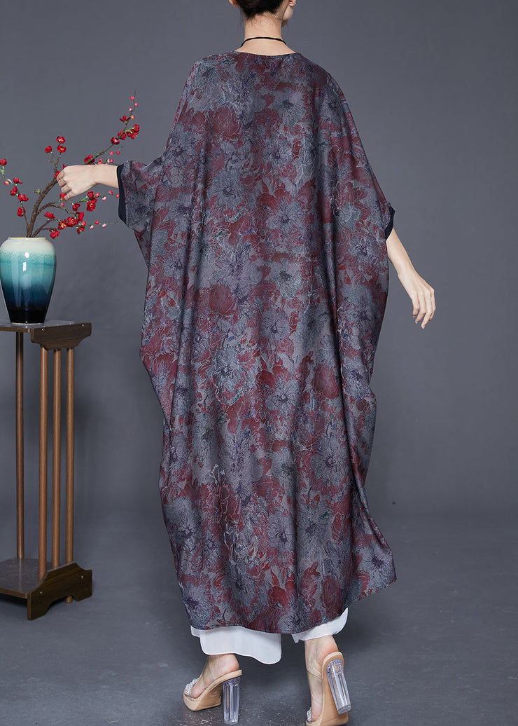 Elegant Blue Grey Oversized Patchwork Tassel Silk Dresses Batwing Sleeve