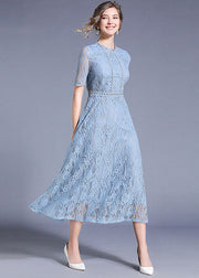 Elegant Blue Hollow Out Embroideried Patchwork Lace Long Dresses Summer