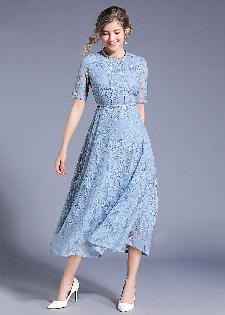 Elegant Blue Hollow Out Embroideried Patchwork Lace Long Dresses Summer