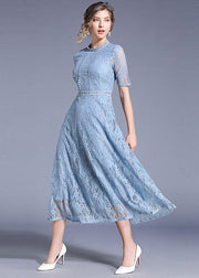 Elegant Blue Hollow Out Embroideried Patchwork Lace Long Dresses Summer